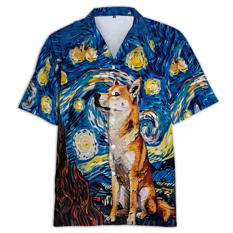 Cute Shiba Inu 3D Printed Shirts For Men Clothes Funny Dog Beach Shirt Pet Dogs Unisex Lapel Blouse Casual Hawaiian Women Tops 2