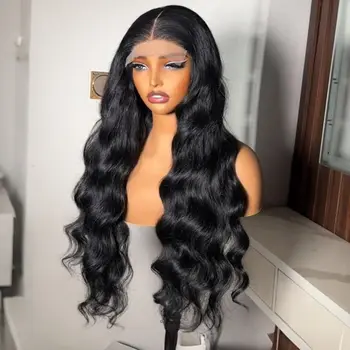 Loose Wave Black Color Synthetic Soft 13X4 Transparent Lace Front Wig For Women Prepucked Bleach Knots Glueless Wig Daily Party