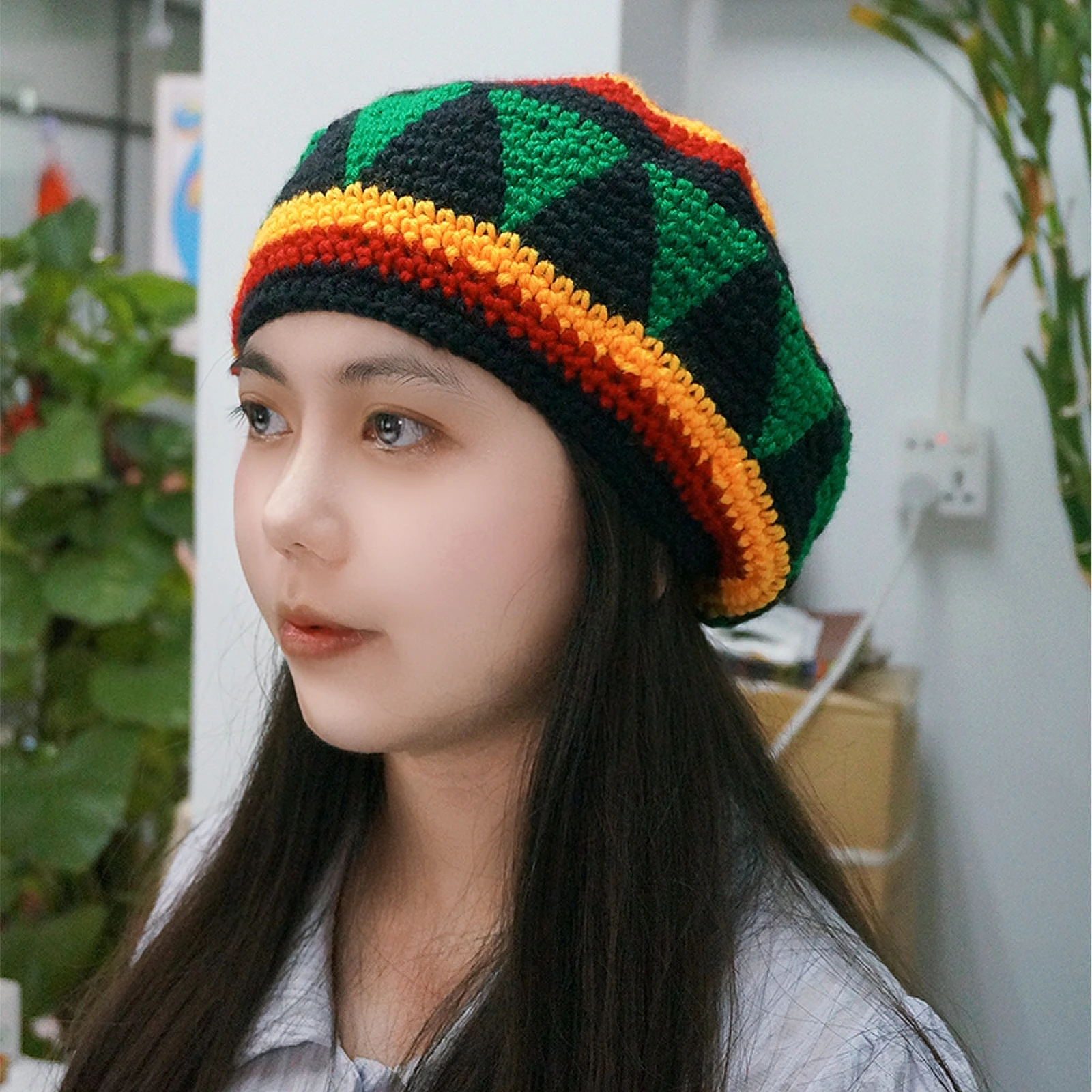 Wool Crochet Autumn Winter Warm Loose Casual Sunshade Jamaican Rasta Beanie Hat for Men Women Colorful 2