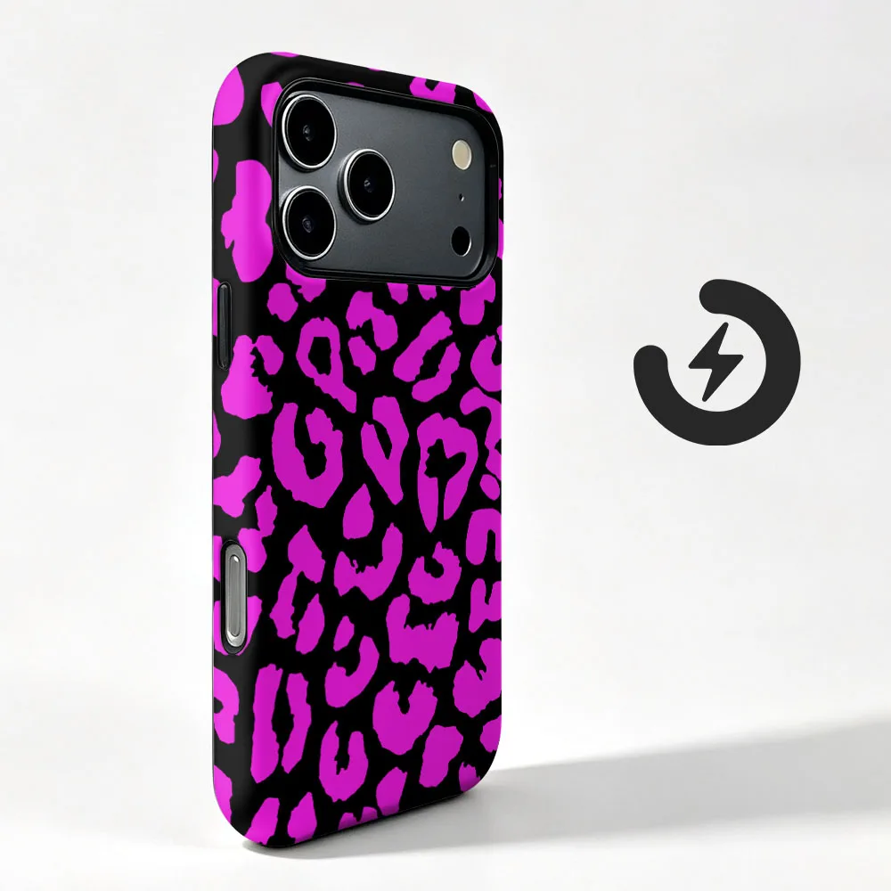 Rose Leopard Print Magnetic Phone Case with 2-in-1 Film Shell and Bumper Cover