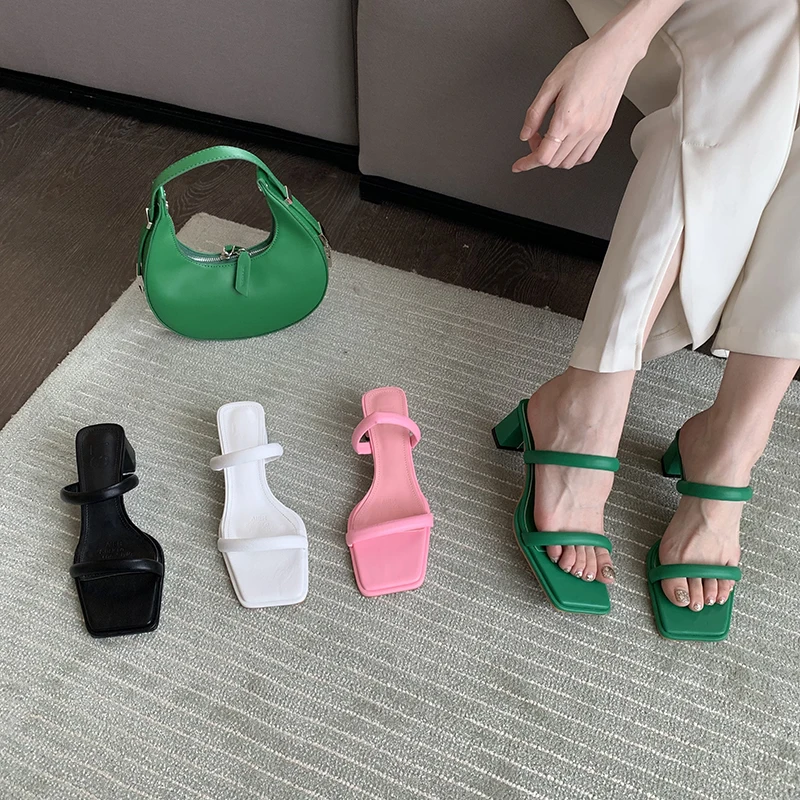 

Fashion Women Slippers Open Toe Slip On Thick High Heels Square Toe Pink Green Black White Summer Casual Slides Party Pumps 39