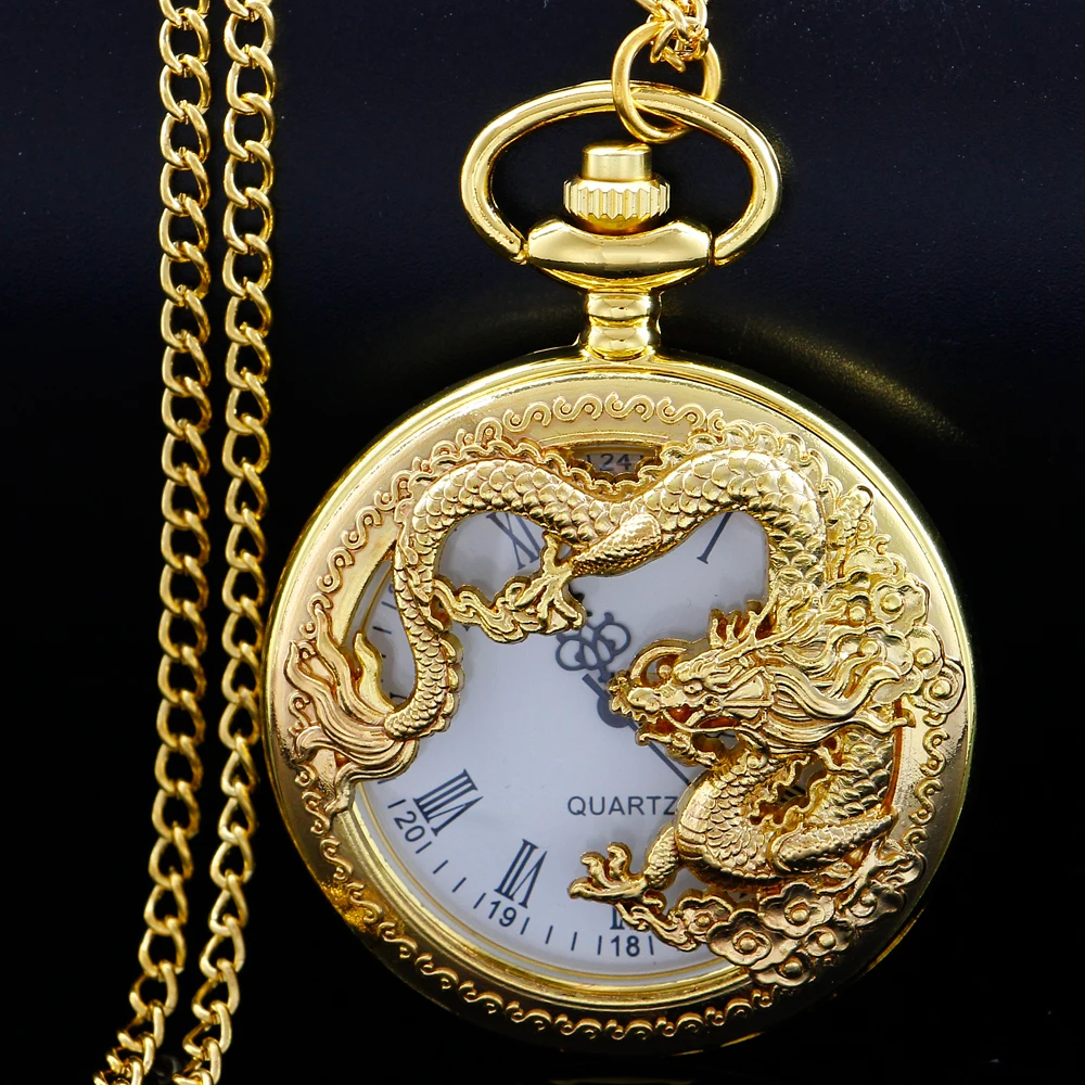 

Classic vintage pocket watch fashion hollow carving Chinese dragon Roman numerals dial necklace gift