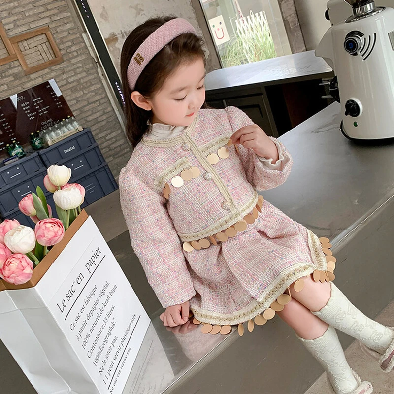 

Spring Autumn New Girls Clothing Set Fashion Lattice Sequin Retro Coat+Pleated Skirt 2Pcs Suit For 3-8 Years Kids Outfit