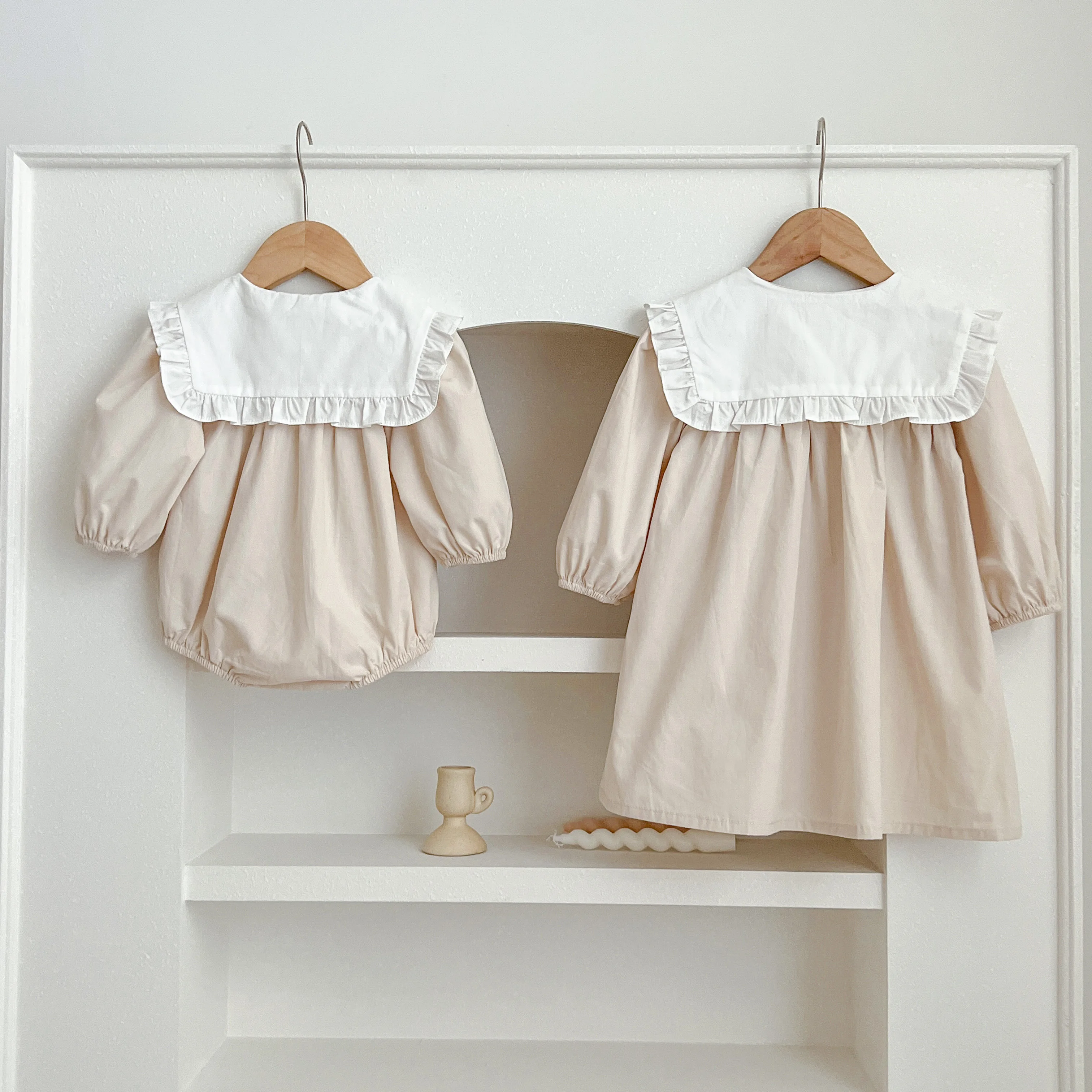 Family Sister Matching Dress Outfit Baby Girls Clothes Long Sleeve Flower Large Lapel Girl Dress Baby Romper Princess Dresses 5