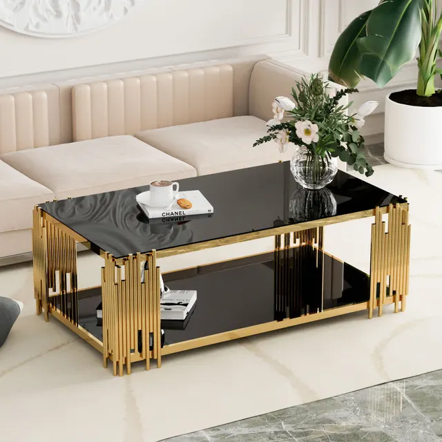 Modern Stainless Steel Rectangle Glass Coffee Table – Gold Legs