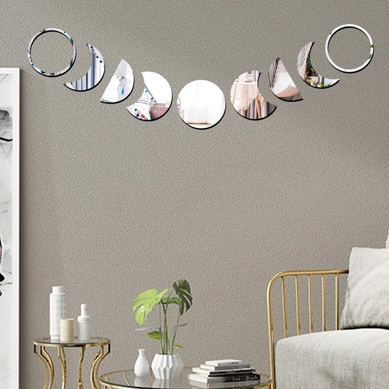 Acrylic Moon Shaped Mirror Wall Stickers Moon Cycle Change Lunar Eclipse Decorative Wall Mirror Art Home Decoration 9pcs/set