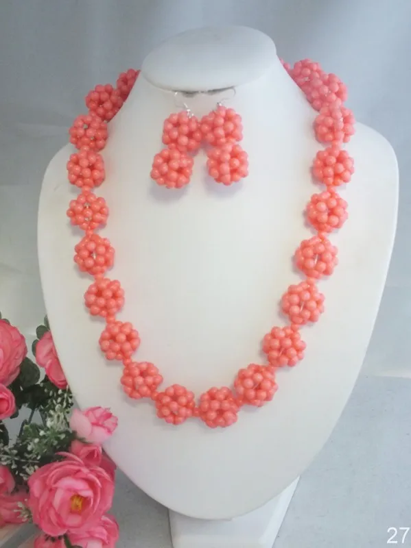 

NEW-2022# Beauty Design Pink Coral Ball Beads Jewelry Set 20"