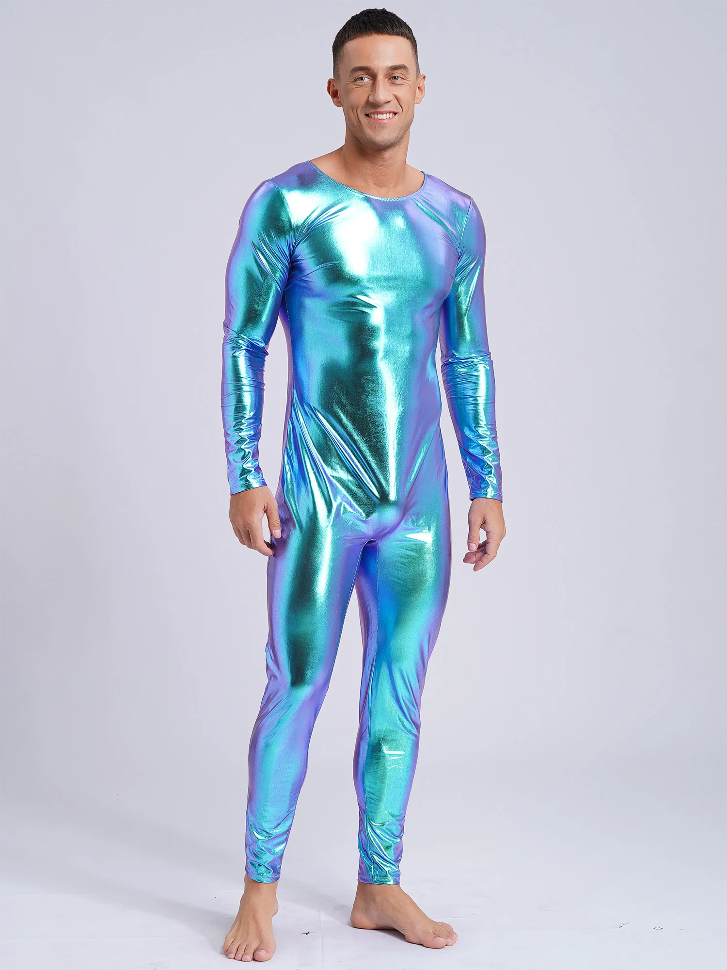 Mens Stage Costumes Dancewear Metallic Full Body Bodysuit Gymnastics Jumpsuit Long Sleeve Jazz Dance Disco Bar Shiny Unitard - 3