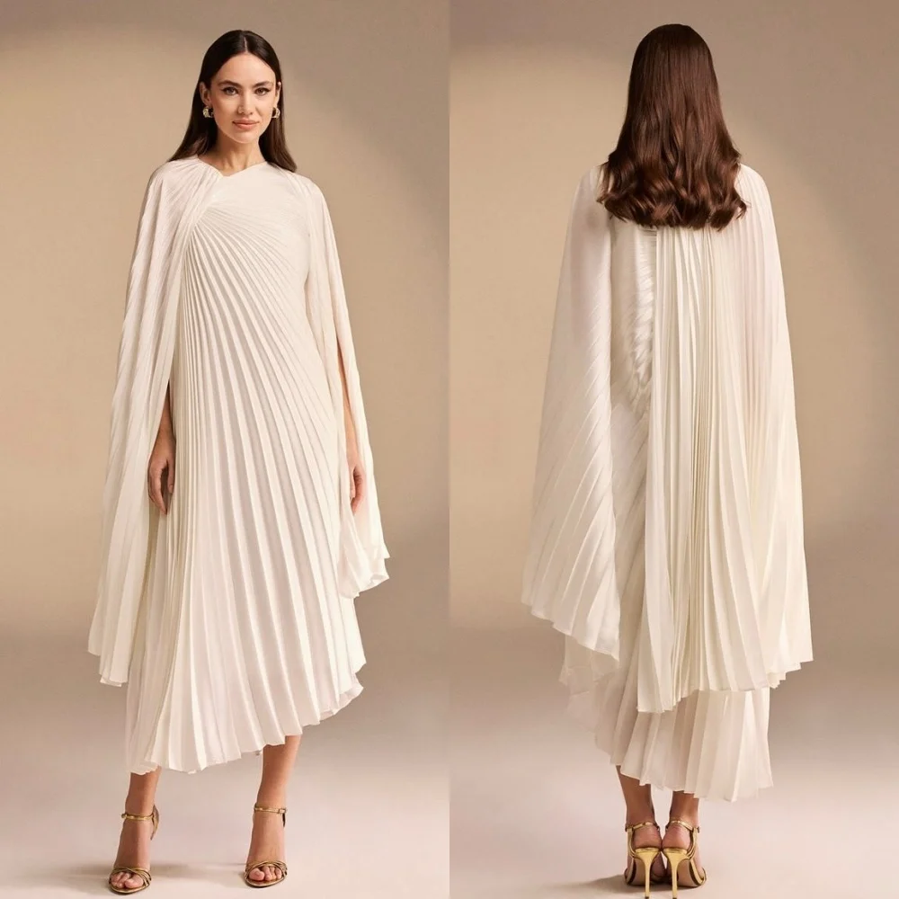 Customized Fashion Modern Style Chiffon Pleat Draped A-line High Collar Midi Dresses Bespoke Occasion Dresses Modern Style