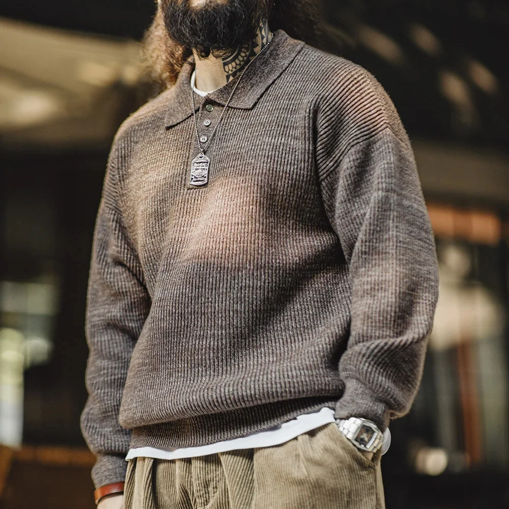 Maden Retro Knitted Polo Shirt Loose Coffee Color Lapel