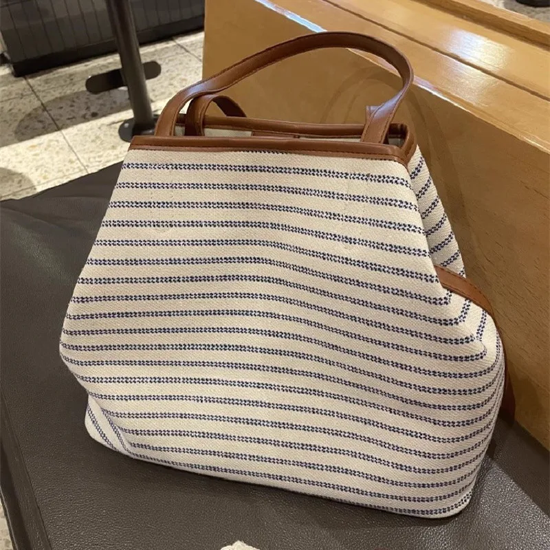 stripe Print Canvas Tote Bag Large Capacity Fashion Shoulder Crossbody Bag for School Work Shopping Retro Tote Handbag