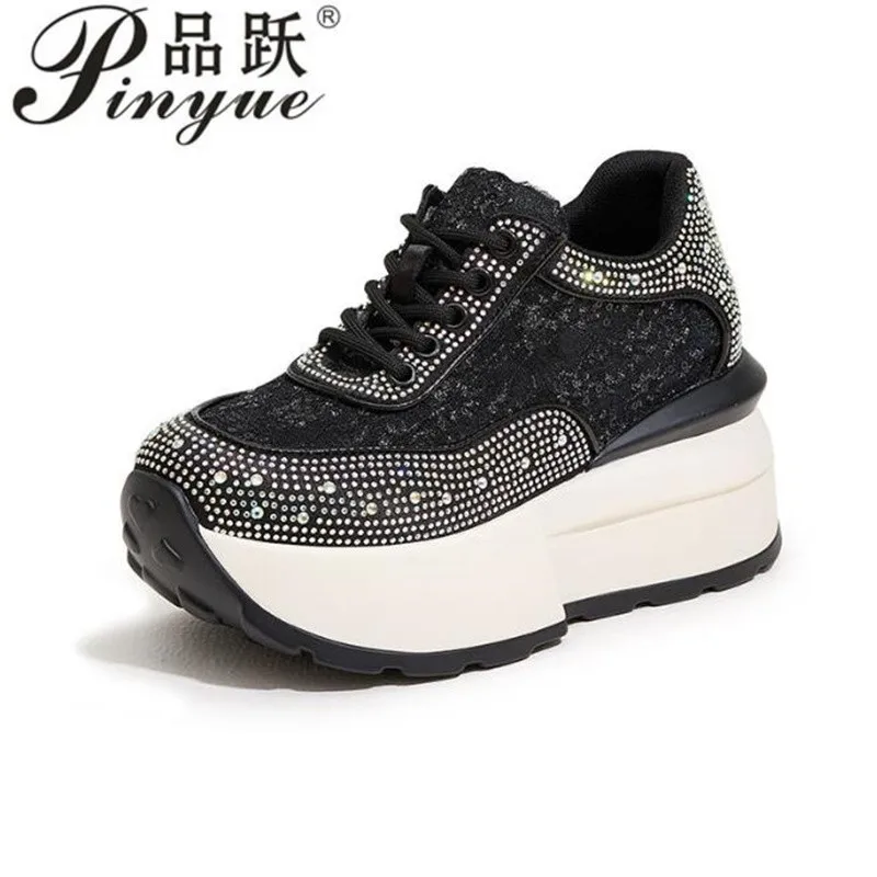 

8cm Fashion Sneakers Casual Flat Shoes High Quality Luxury Rhinestone Decorated Leather Upper Heightening Platform Womens Shoes