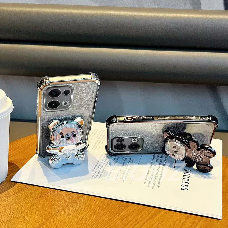 Shockproof Bear Bracket Holder Glitter Plating Transparent Phone Case