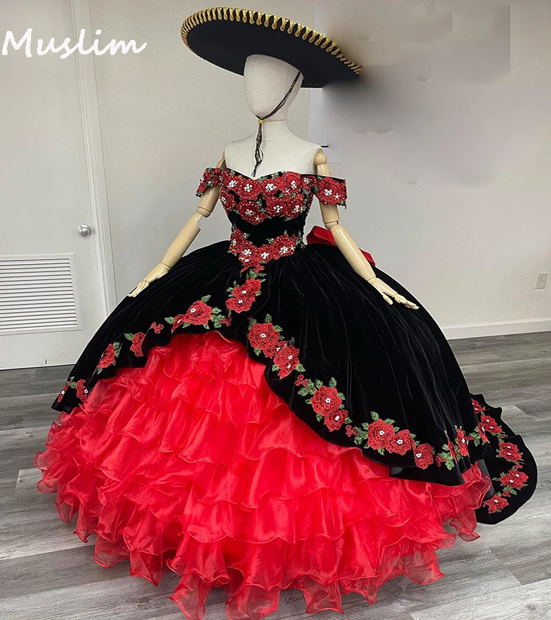 Bronceado judío Exagerar Vestidos de quinceañera mexicana con volantes de Organza de lujo, negro con flores  bordadas góticas Rojas, dulce vestido de baile de 15 Años _ - AliExpress  Mobile