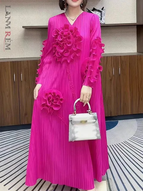 LANMREM Ruffled Edge Pleated Dress For Women Long Sleeves Embroidered Pullover Elegant Dresses Female Trendy Clothing 2DM1091