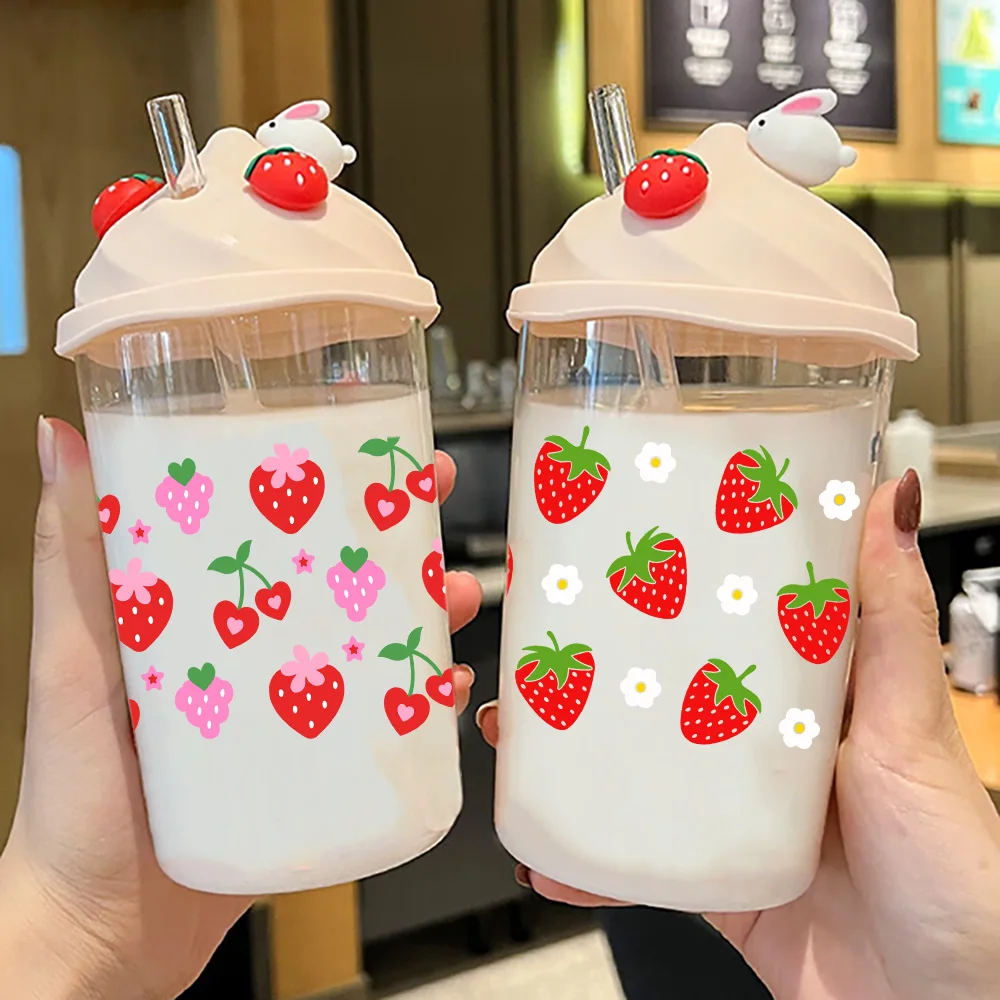 Cute strawberry stickers peel waterproof DIY Decals 3D transfers uvdtf crystal stickers 16oz uv dtf cup wraps Libbey Glasses
