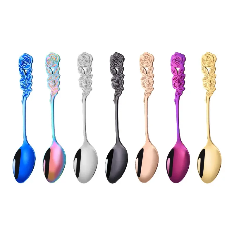 Tea Stirring Spoon Ice Cream Scoop Cute Rose Flowers Spoons Rainbow Coffee Tea Spoon Flatware Drinking Tools Stainless Steel stainless steel spoon,stainless steel spoon set