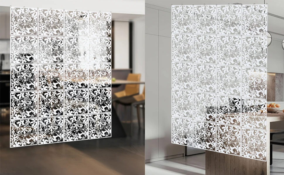 12PCS Partition Wall Room Divider Hollow Flowers Hanging Screen, Hanging Room Divider Screens Made, For Decoration Home,White
