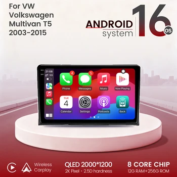 Radio para Auto de 9 Pulgadas para VW Volkswagen Multivan T5 2003-2015, con Bluetooth, Carplay, Android 16, Navegación Multimedia, Pantalla QLED 2K 1