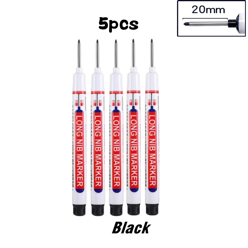 5-Piece Waterproof Deep Hole White Paint Marker Set with 20mm Long Nib for Construction and Woodworking