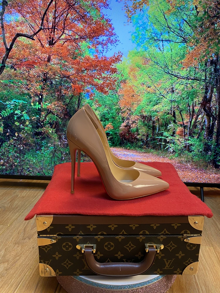Black patent leather red soled high heels for women 2024 new professional temperament pointed shallow mouth sexy single shoes