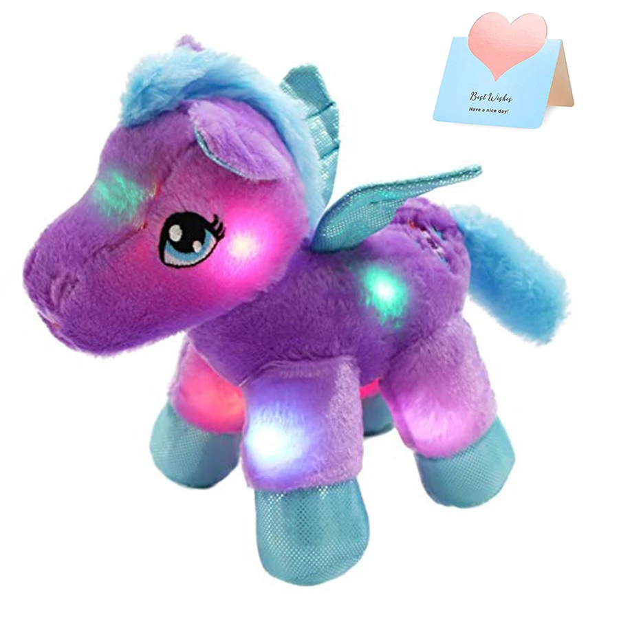 

28cm Purple LED Litght Pegasus Unicorn Stuffed Pillow Animal Glow Plush Toys Birthday Gift for Kids Christmas Home Festival Toy