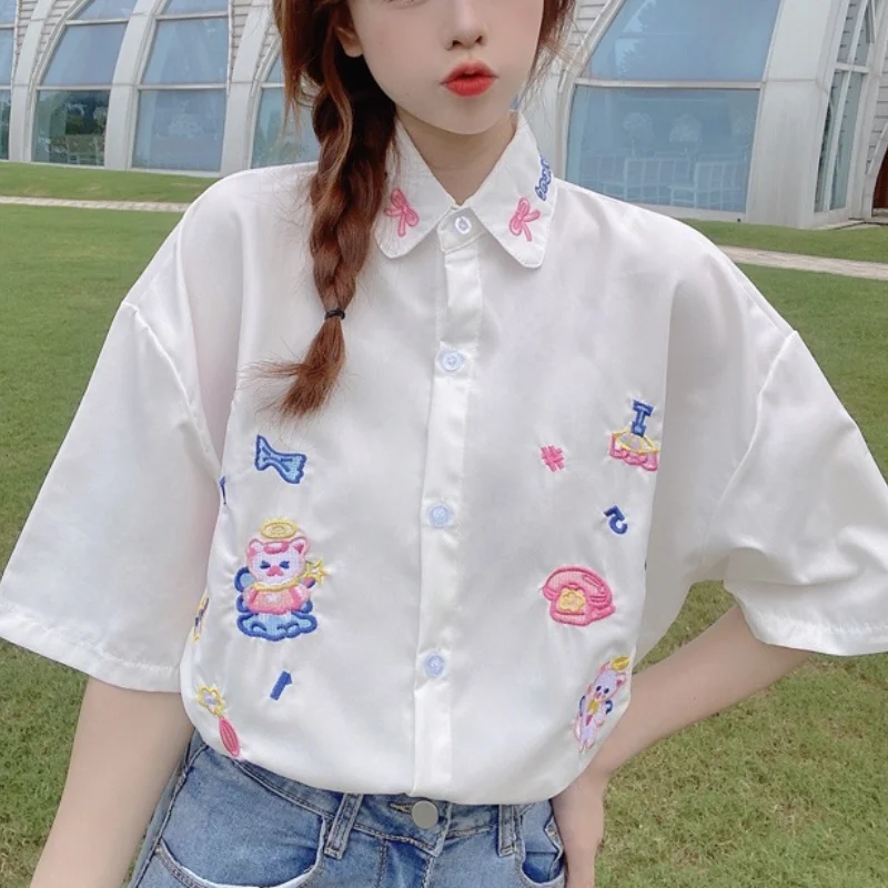 Deeptown Korean Lolita Kawaii White Shirt Women Embroidery Short Sleeve Blouses for Teens Uniform Summer Soft Girl Cute Tops | Женская