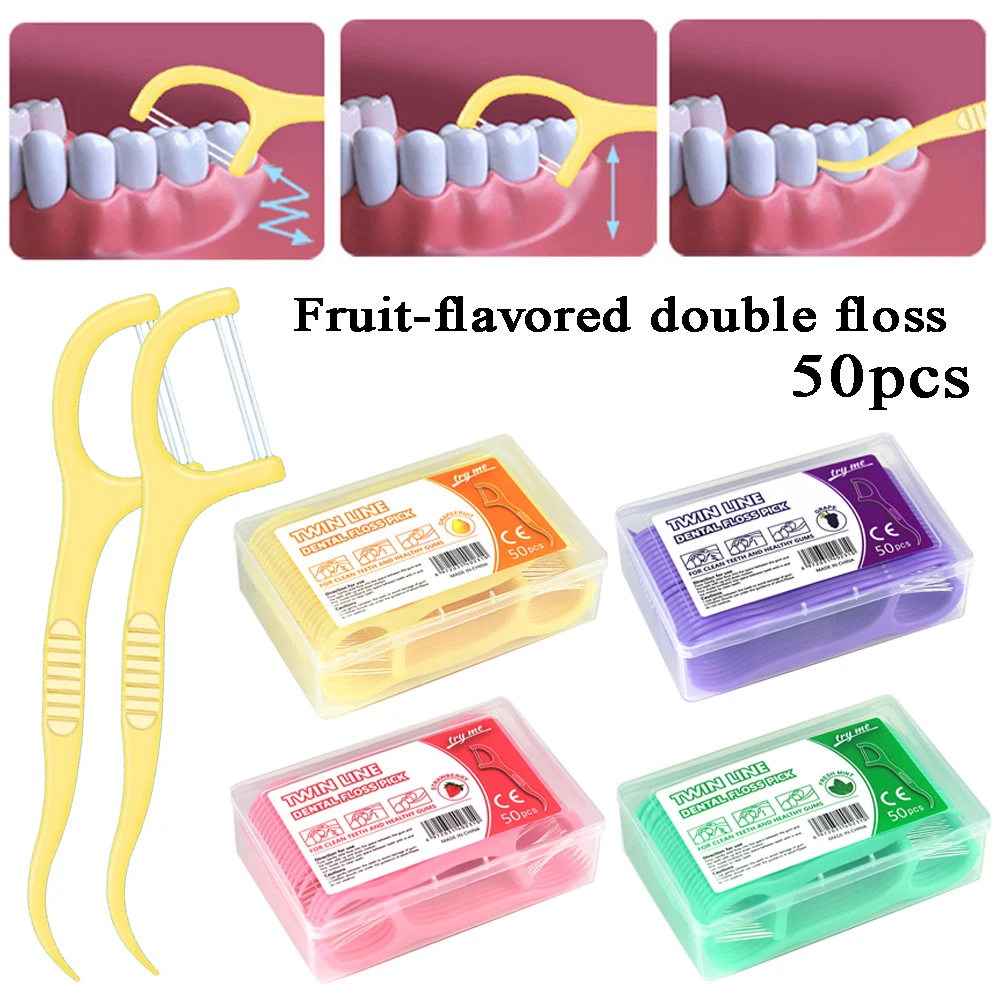 Dental Floss Sticks 50Pcs Box Fruit Flavor Teeth Cleaner Double Line High Tensile Force Portable Toothpick