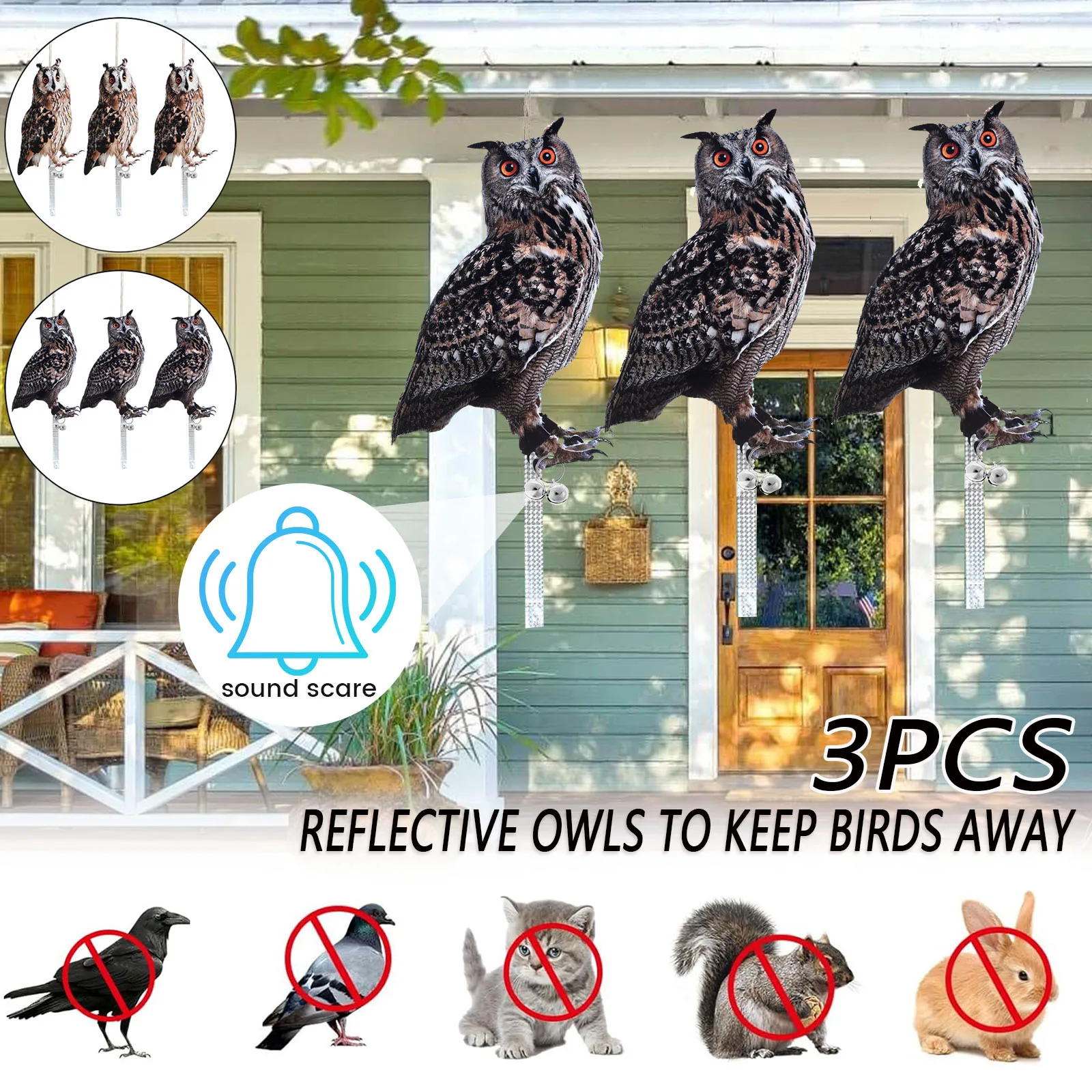 3PcsOwlBirdRepellerBirdsDecoysHangingReflectiveDesignWind