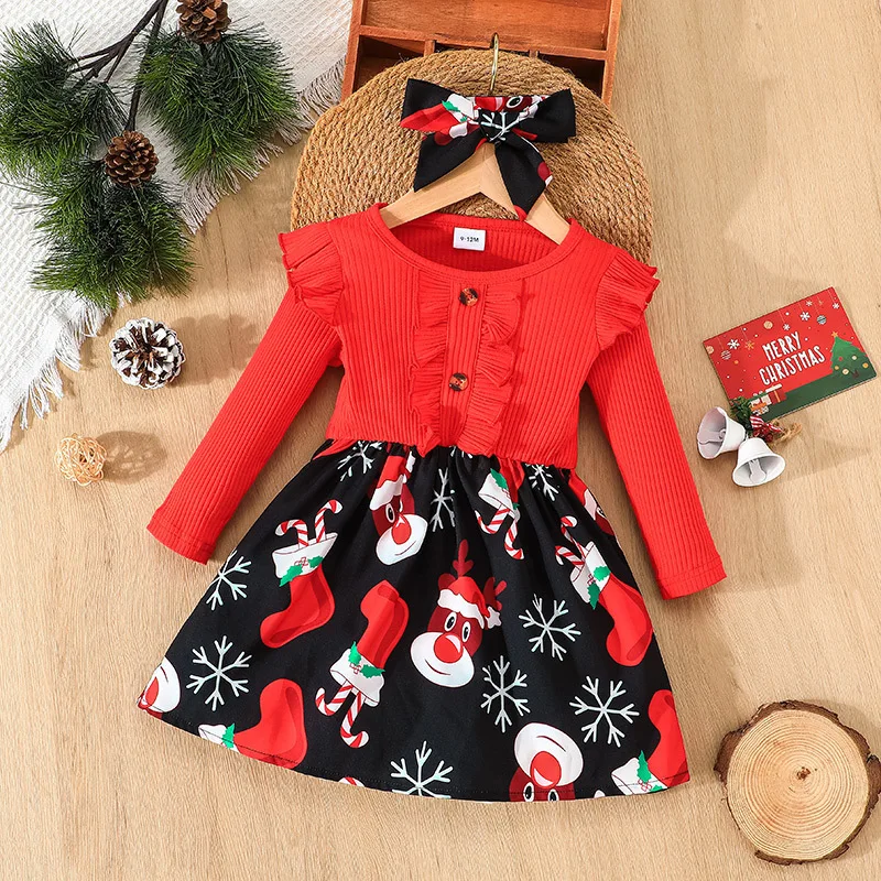 

Autumn 2022 Baby Long Sleeve Round Neck Dress Girl Baby Christmas Day Fashion Patchwork Skirt