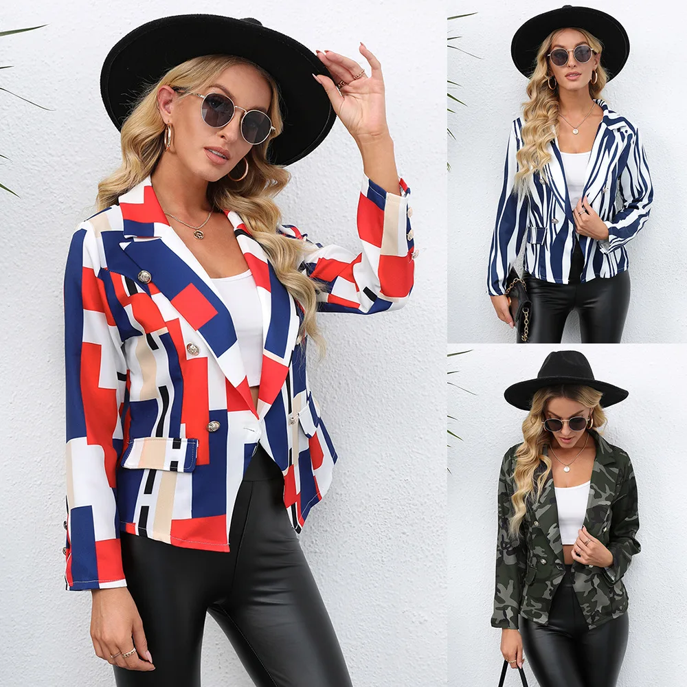 

Printed Lap Collar Small Suit Jacket V-neck Double-breasted Casual Fashion Professional Office Women Commuter Clothes