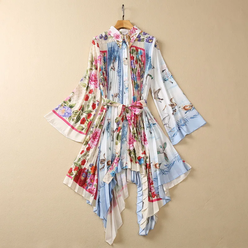 

European and American women's clothes 2023 summer new lapel Long-sleeve printing fashion Irregular Pleated Belt Dress