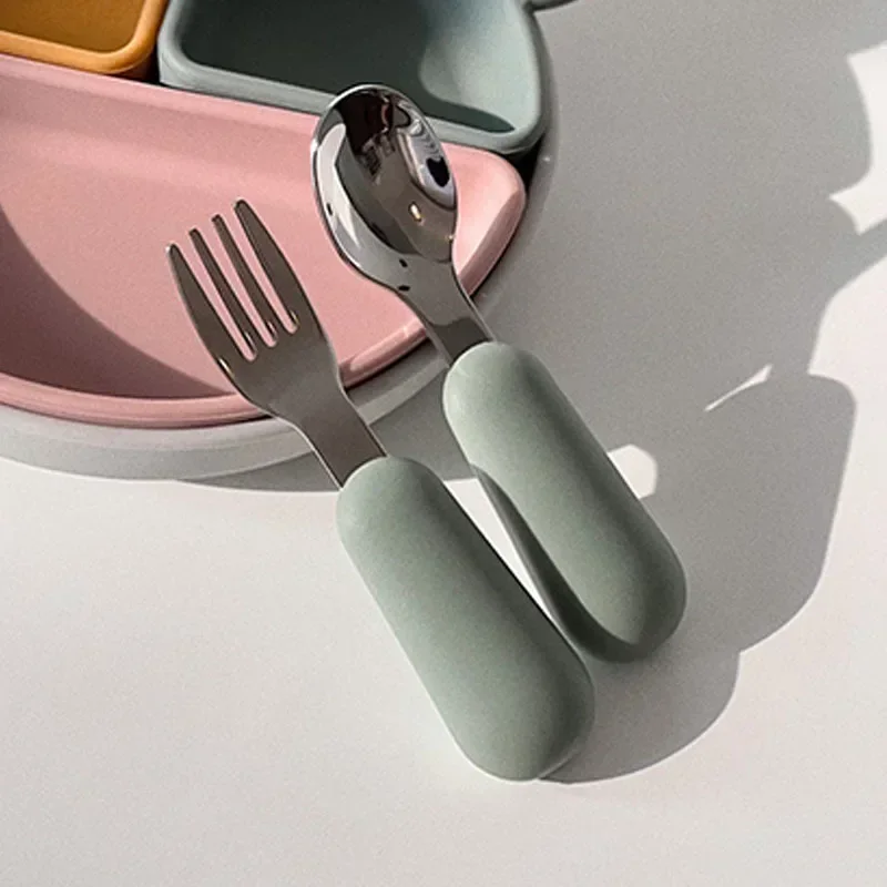 Baby Silicone Tableware Set Children Utensil Stainless Steel Toddler Dinnerware Cutlery Cartoon Infant Food Feeding Spoon Fork
