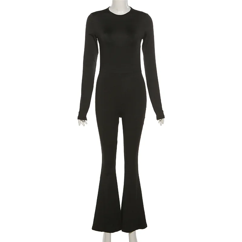 Solid Black Sexy Backless Bodycon Wide Leg Jumpsuit Women Autumn Casual Slim Long Sleeve O-Neck Playsuit Lady Streetwear HMS03