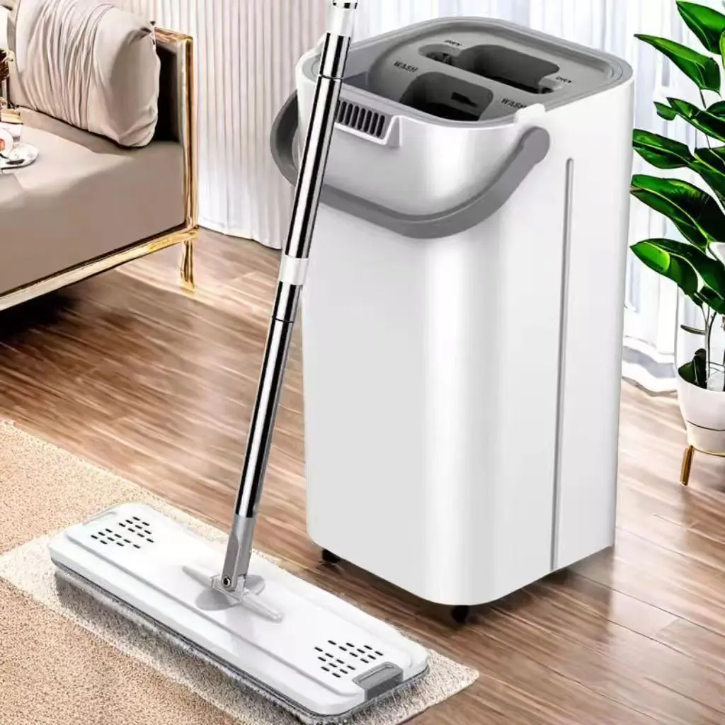 Flat Squeeze Mop with Bucket Hand Free Wringing Floor Cleaning Mop Microfiber Mop Pads Wet or Dry Usage on Hardwood Laminate