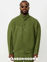 Miyake Pleated Standing Neck Splice Designer Jacket Men's Loose Relaxed Long Sleeve Shirt Coat JC110 1