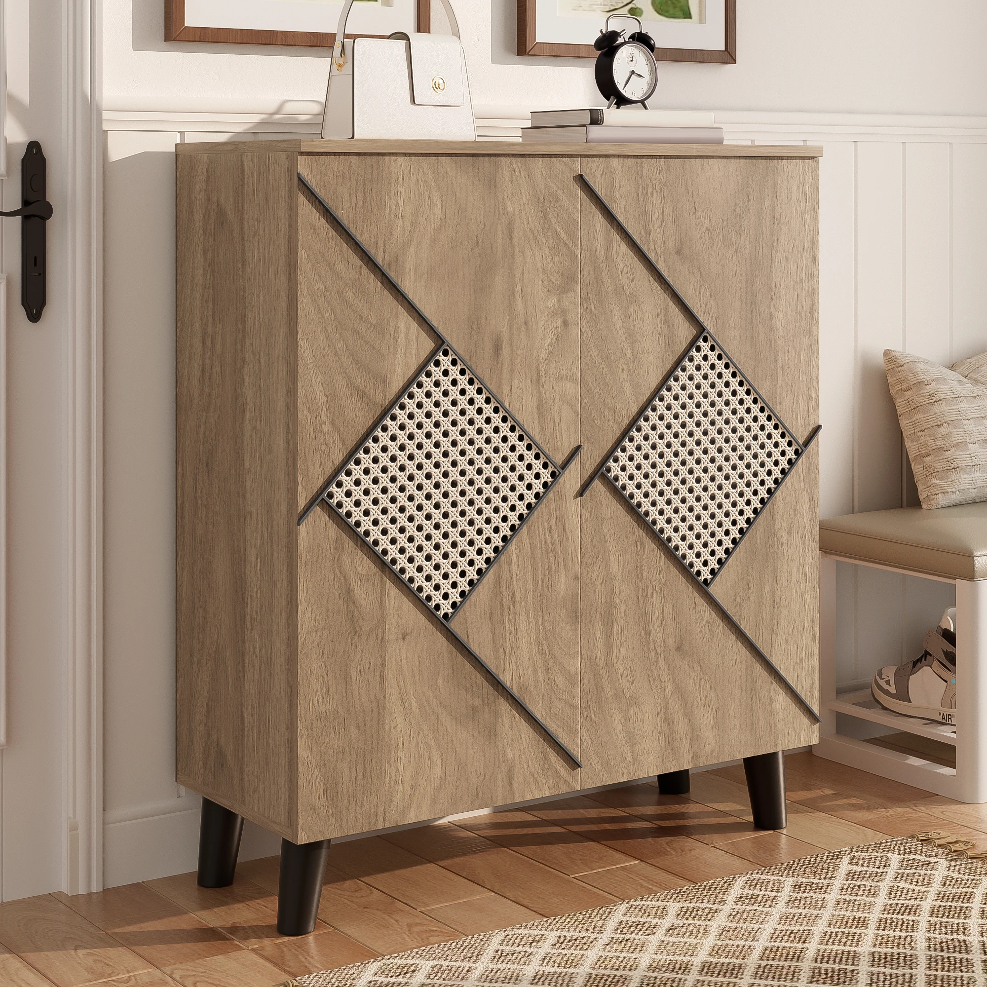 Moderner Schuhschrank mit dekorativem Rattanmuster, 80×32×91 cm, stilvoller Flurschrank mit Stauraum, geschlossenen Türen, Regal – Detail 8