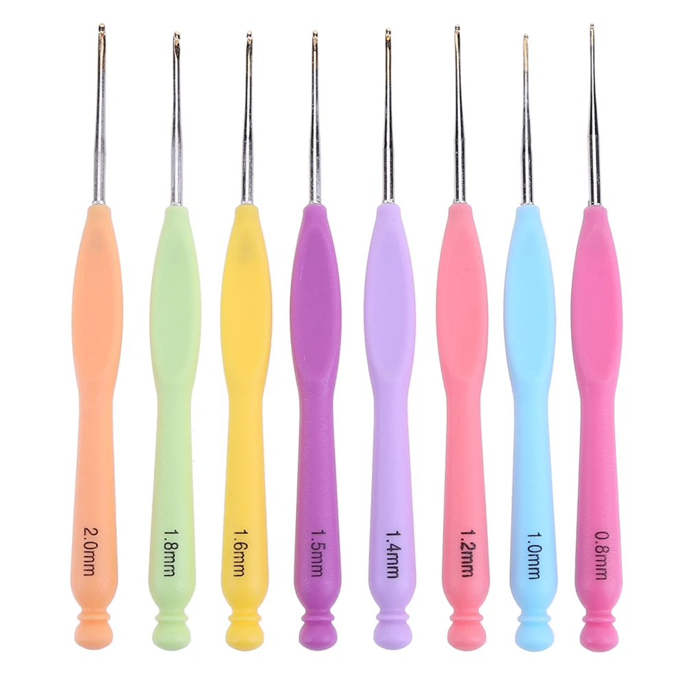 8pcs Blunt Needles Plastic Ergonomic Handle Aluminum Steel Lace Hooks with Case Size 0.8mm To 2mm DIY Craft for Arthritic Hands