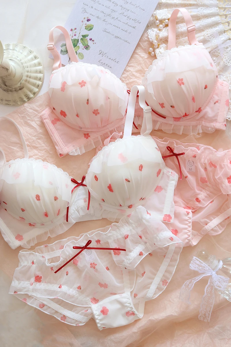 Japanese Kawaii Girl Bras Set Sweet Pink White Strawberry Cute Lace  Underwear Bra and Panty Plus Size 70 75 80 85 90 A B C D Cup