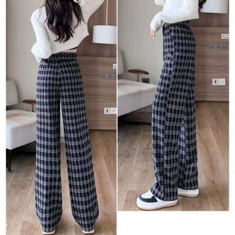 Deeptown Vintage Plaid Straight Pants Black Brown Sweatpants Women Loose Thicken Autumn Winter Korean Style Casual Wide Trousers