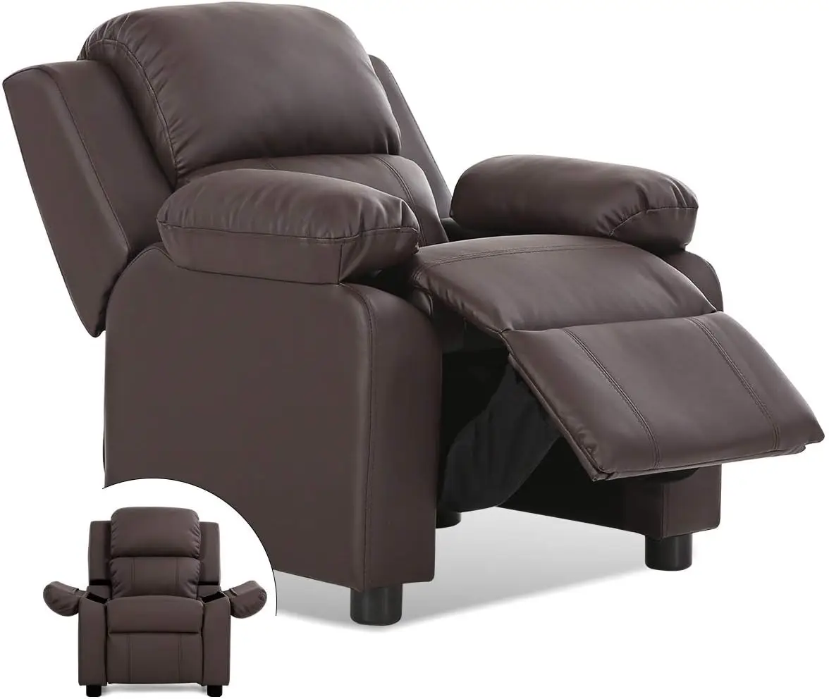 Kids Recliner, Leather Recliner Chair w/Footrest, Armrest Storage, Headrest & Lumbar Support, Ergonomic Lounge Chair for