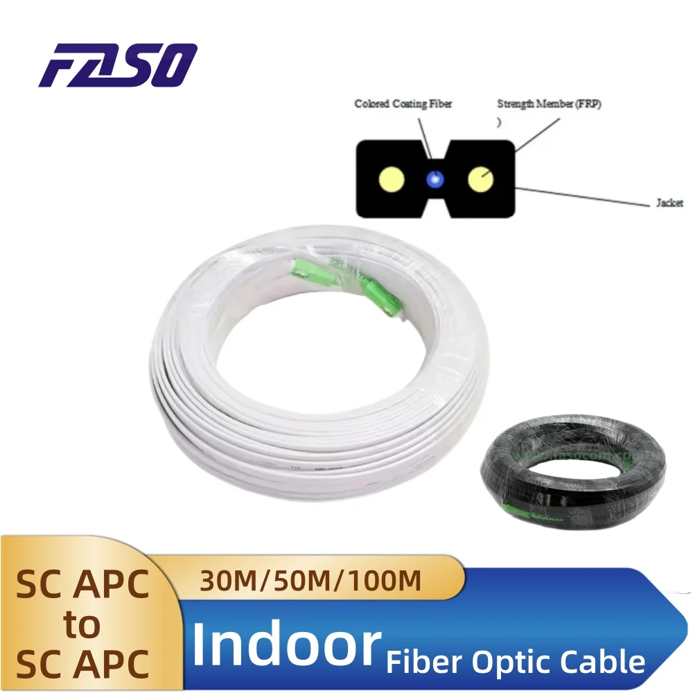 SCAPC G657A1 Indoor Single Mode Fiber Patch Cord FTTH Drop Cable With Steel Wire Black LSZH Jacket 100M fiber optic cable