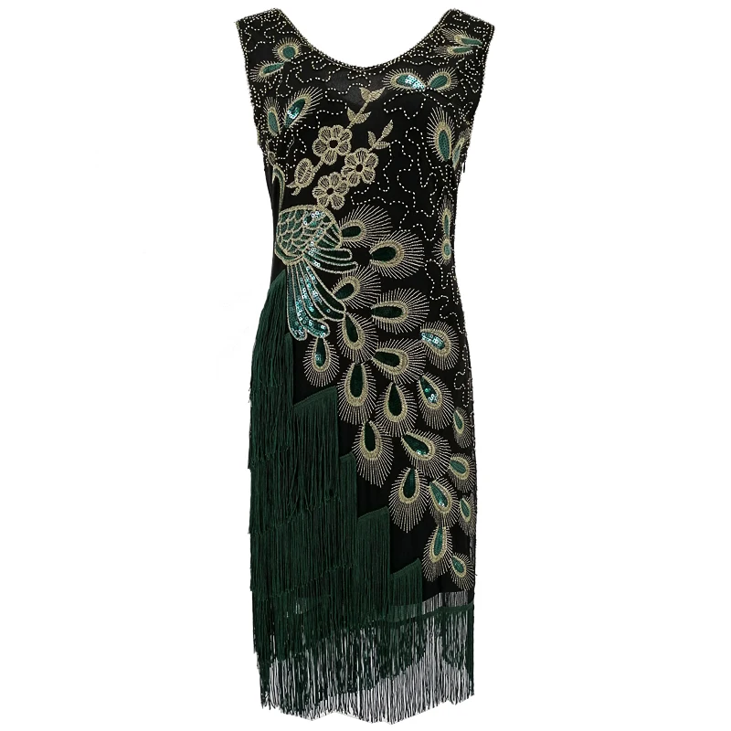 

Plus Size Women 1920s Flapper Dress Vintage V-Neck Sleeveless Peacock Embroidery Great Gatsby Dress Sequin Fringe Party Dress