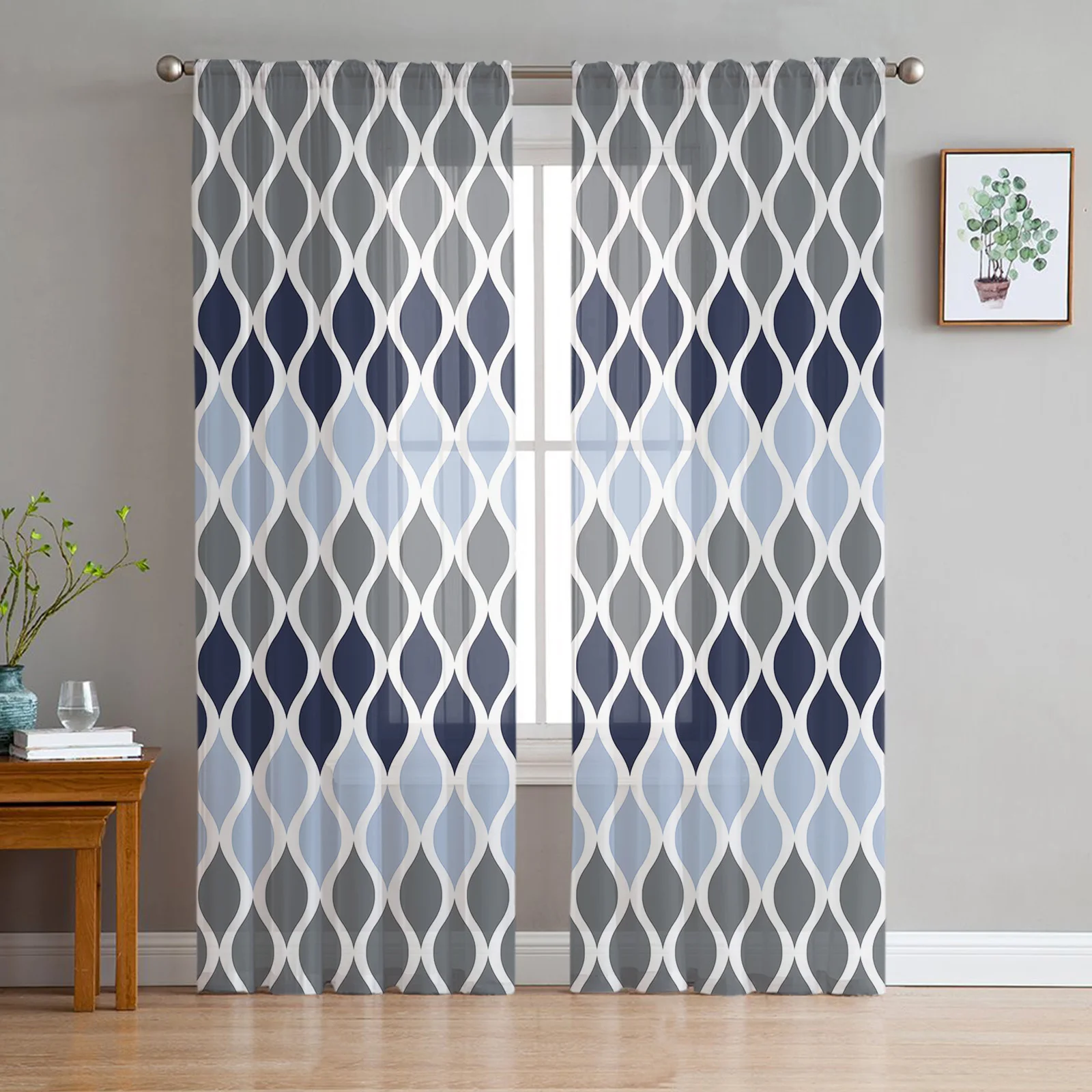 

Moroccan Navy Blue Gradient Tulle Curtains For Living Room Kitchen Decoration Chiffon Window Treatments Voile Sheer Curtain