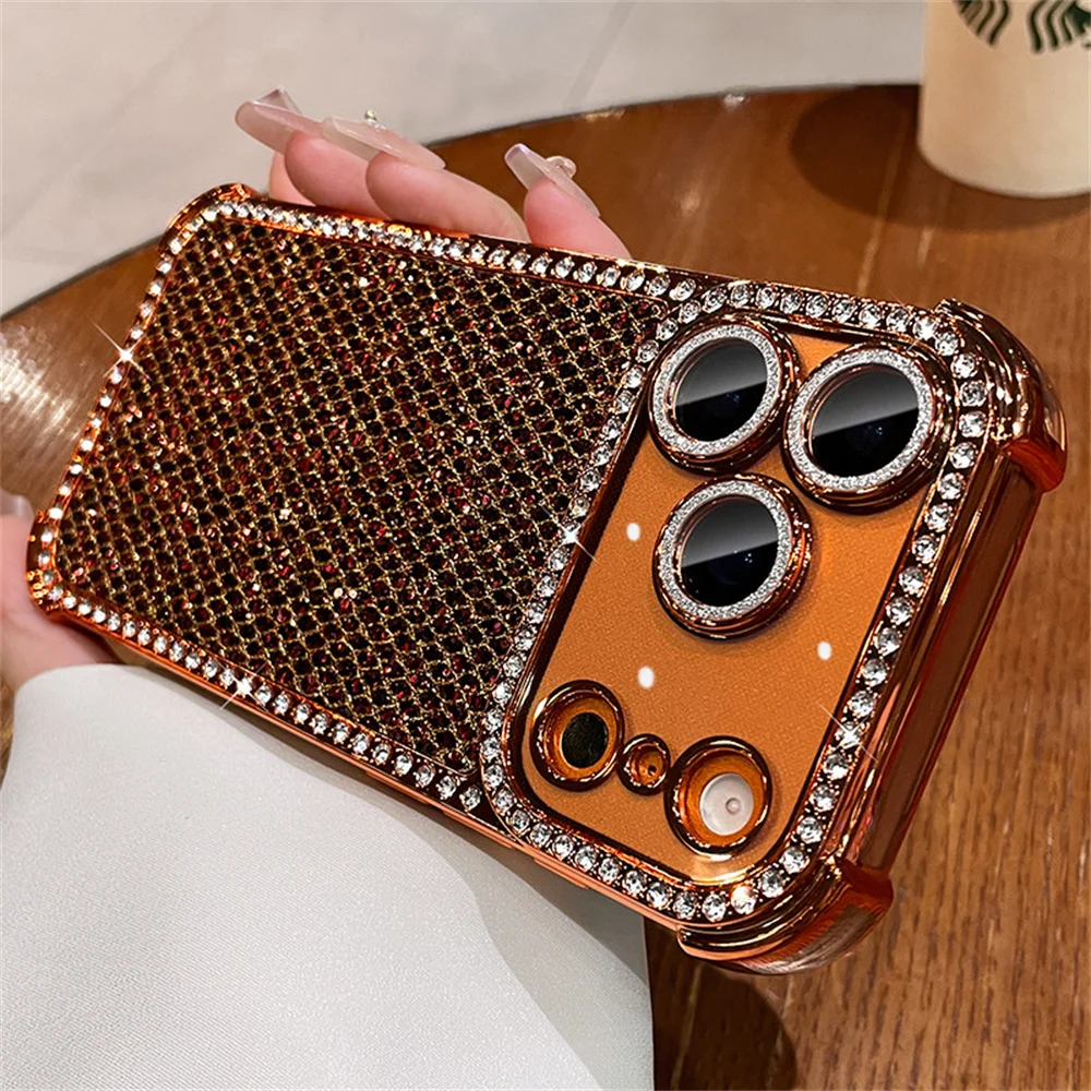 Colorful Glitter Full Screen Diamond Phone Case for iPhone 18 Pro Max 17 16 15 14 13 Lens Protection Plated Shockproof Cover