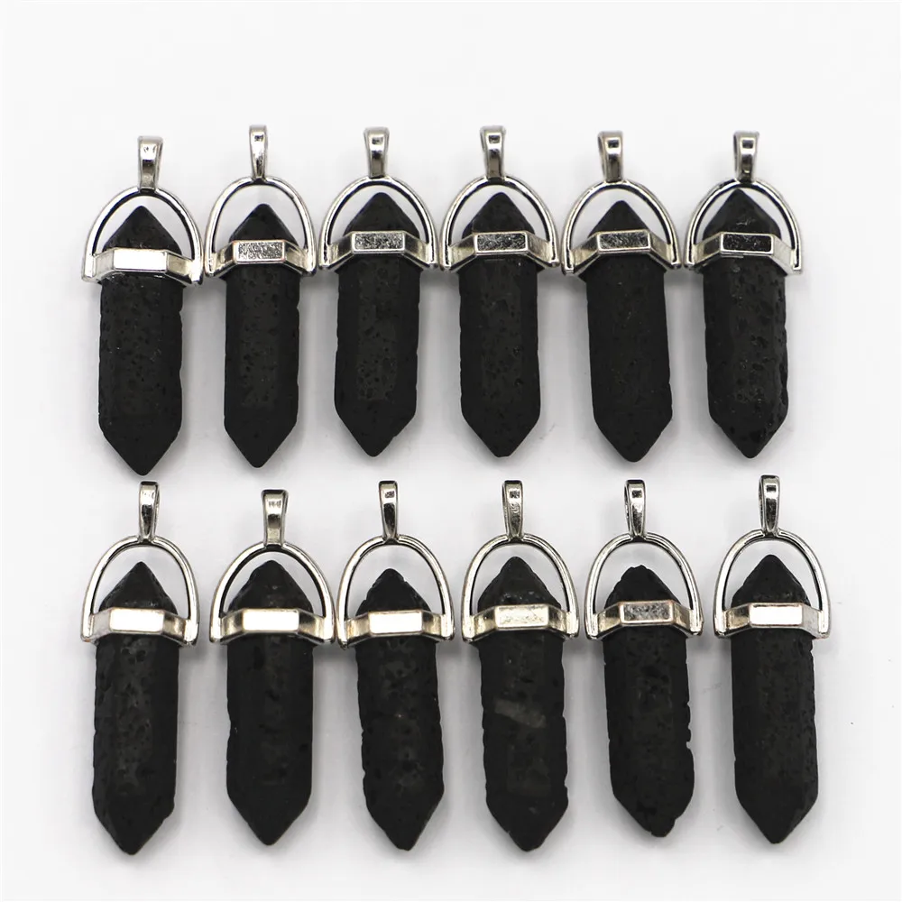 Natural Gems Volcanic Stone Pillar Point Black Pendants Necklace for Making Wonder Women Designer Charms Jewelry Trendy 24pcs