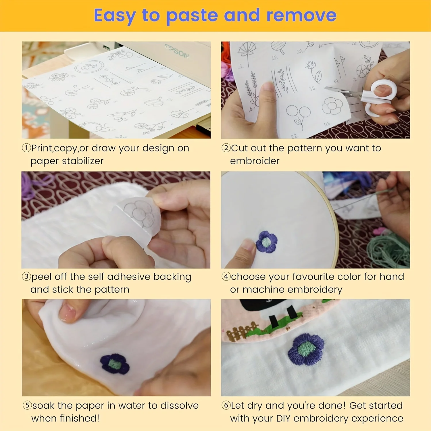 50pcs A4 Size Water-Soluble Embroidery Stabilizer Paper , Printable for Hand & Machine Embroidery，Ideal for Floral Patterns