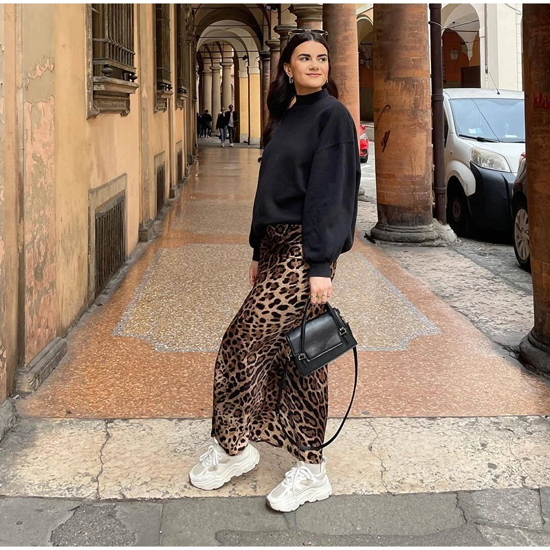 Faldas largas con estampado de leopardo para mujer, elegantes, holgadas, de cintura alta, estilo midi, informales, de verano