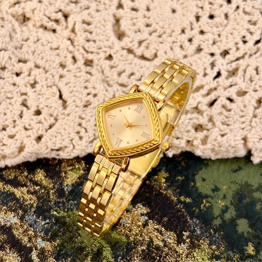 Gold Watch: Timeless Mid-Century Retro with Diamond Dial and Brushed Stainless Steel Band