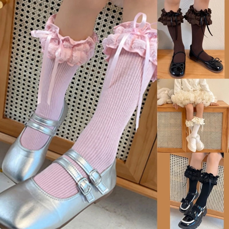 

AntiSlip Cotton Socks Kids Girl Stretchy Kneehigh Socks Lace Trim MidCalf Socks